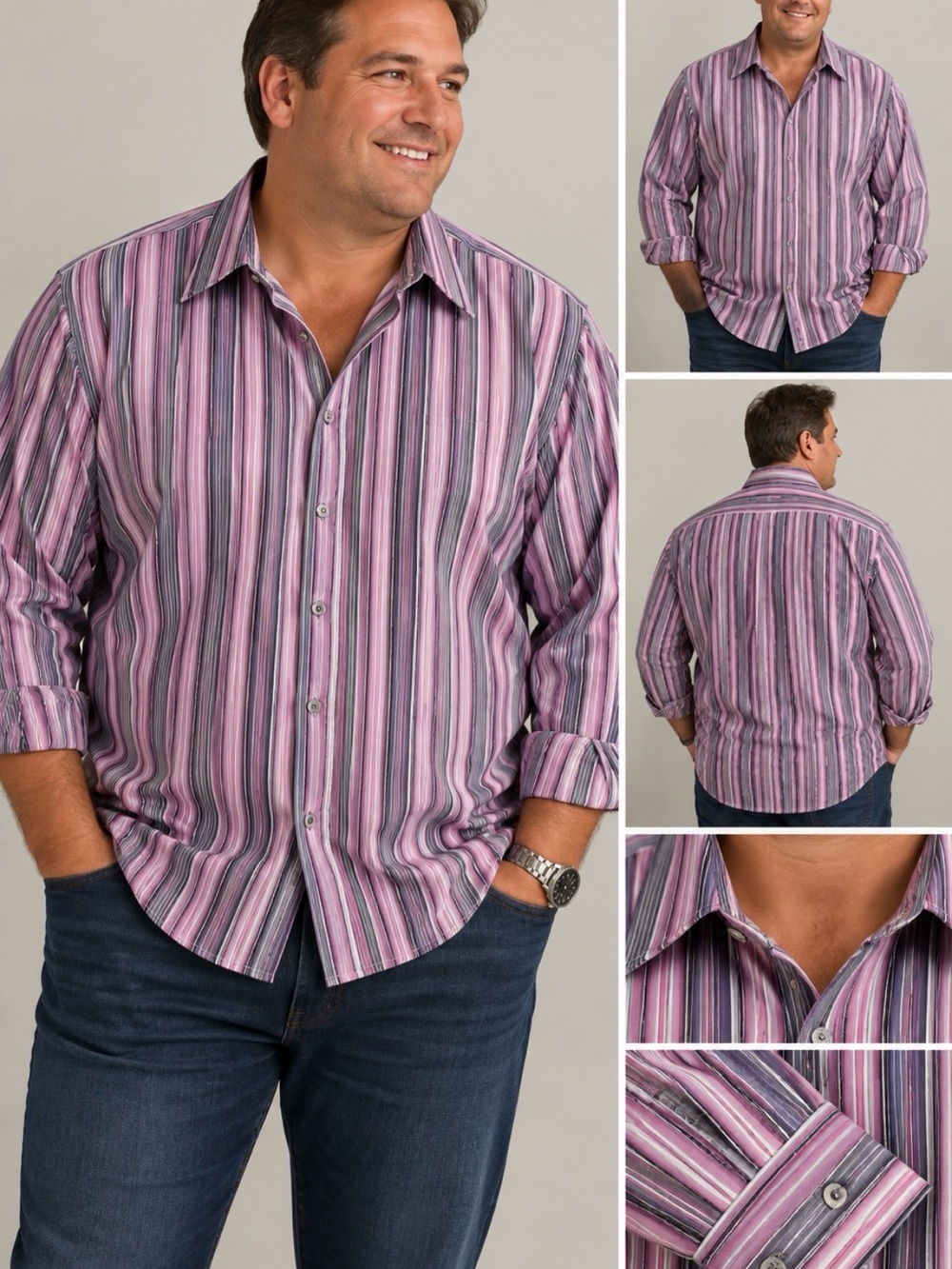 Stylish Men's Striped Shirt in purple, pink and gray.